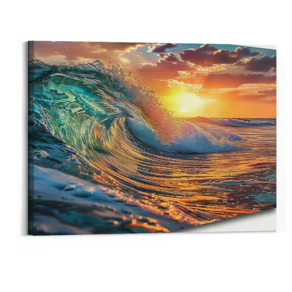 BCIIG  Giant Wave Water Wall Art Canvas Prints  Ocean Waves Pictures  with Sunset Blue Seascape  for Living Room Bedroom Kicthen Office Artwork   20"x16" 20x16in