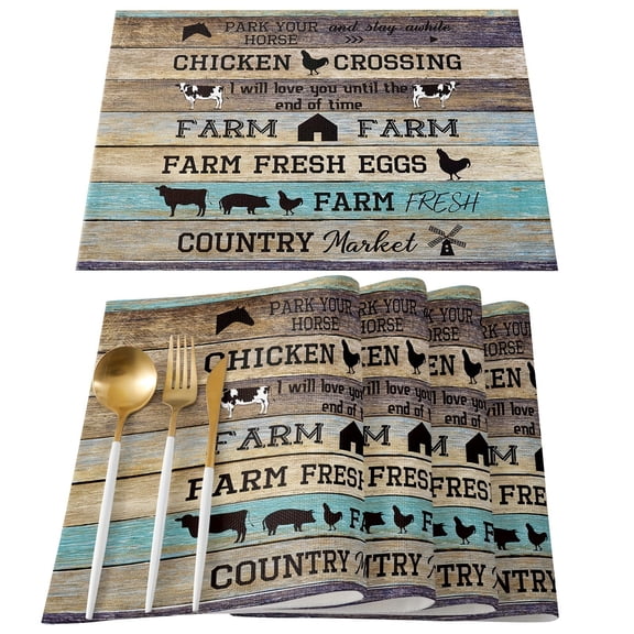 Farmhouse Animals Placemats Set of 4, Cotton Linen Heat Resistant Table Mats Non-Slip Washable Farm Barn Animal Cow Pig Horse Retro Wooden Placemat for Holiday Banquet Dining Table Kitchen Decor