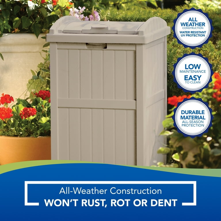 Suncast GHW1732WH Resin Outdoor Hideaway Trash Can Bin with Latching Lid, White