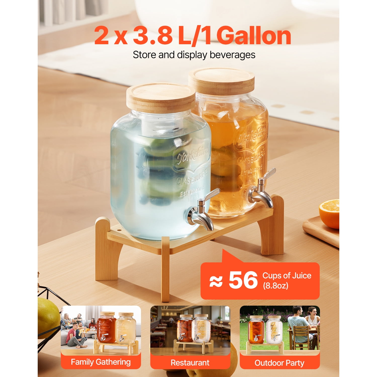 KFFKFF Set of 2 Glass Beverage Dispensers with Wooden Stand, 1-Gallon Capacity, Stainless Steel Spigot, and Infuser – Ideal for Serving Juice, Iced Tea, Lemonade, or Water at Gatherings