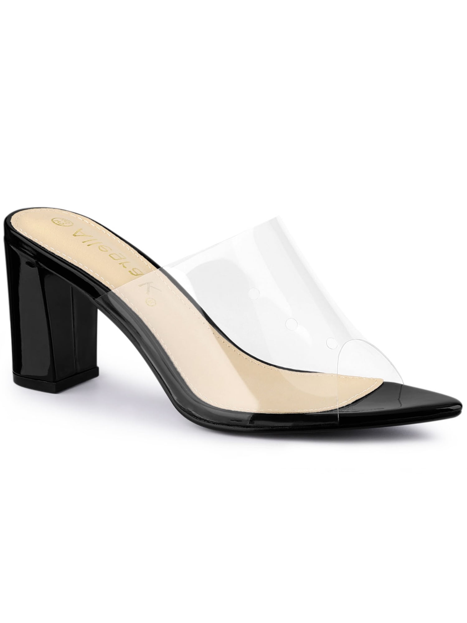 clear and black block heels