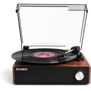 THINKYA RP-T01 Vinyl Record Player, BluetoothTurntable, Built-in Stereo Speakers, 3-Speed Belt-Drive Record Player with Auto-Stop, RCA Output, Retro Brown Vinyl Player for Beginners & Gift