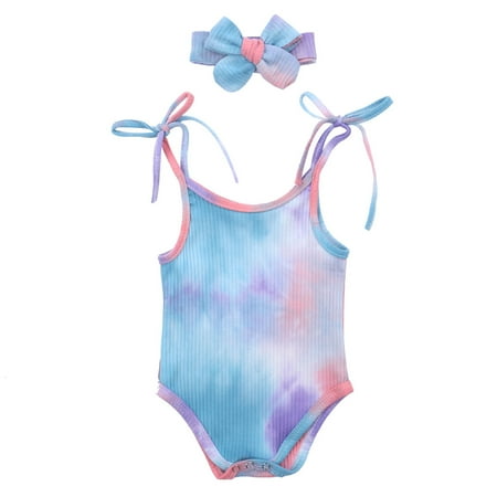 

Fanvereka Newborn Baby Girls Romper Sleeveless Tie-Dye Print Sling Jumpsuit +Headband Set