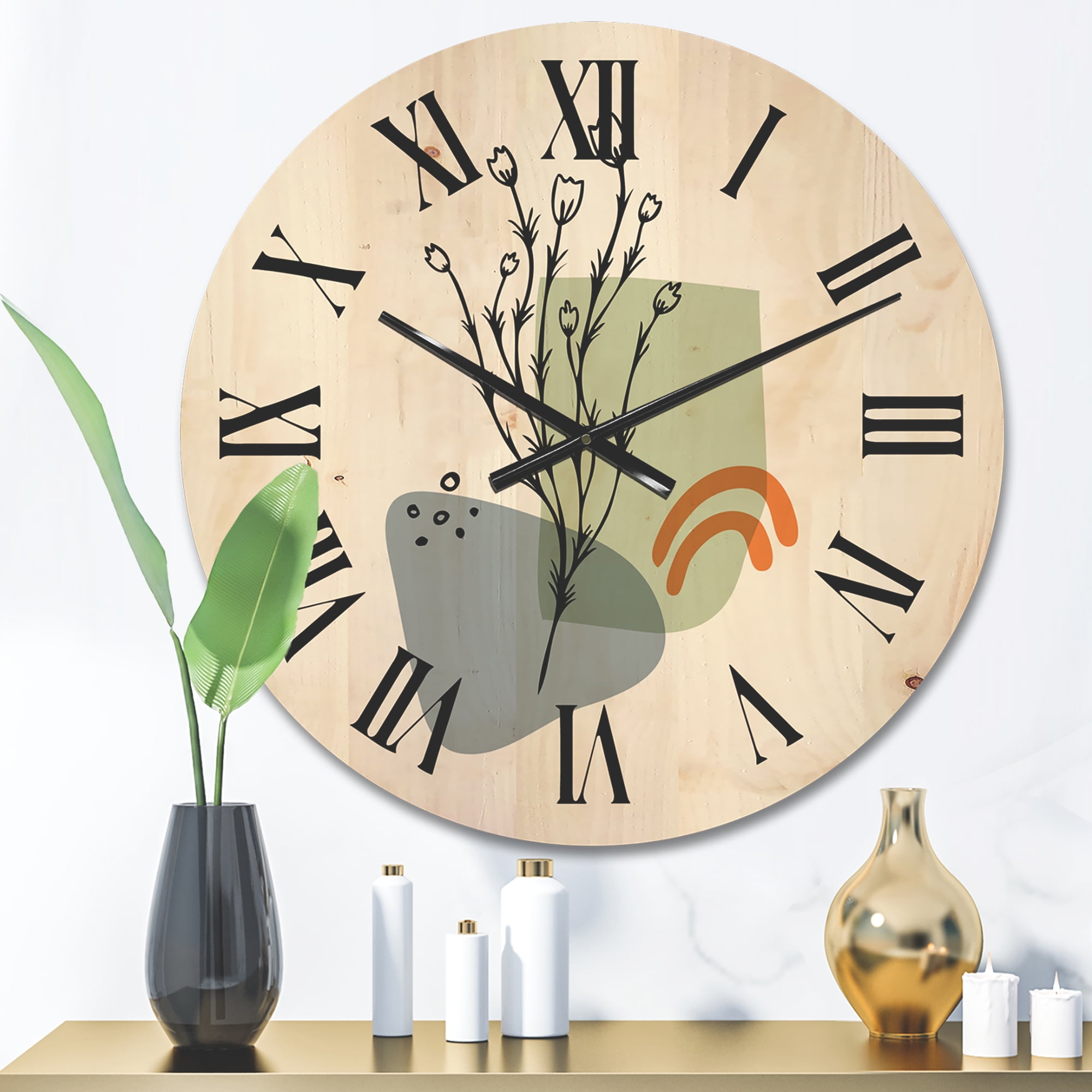 Designart 'Abstract Minimal Shapes Under Flowers II' Modern Wood Wall Clock