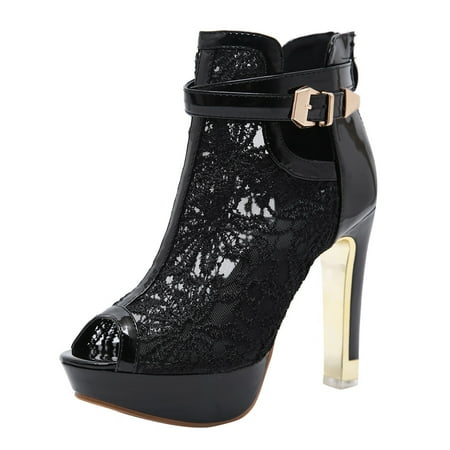 

TOYFUNNY Womens Sexy Flower Lace Mesh Zip Up High Heel Sandals Shoes