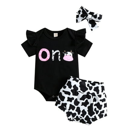

Sunisery Newborn Baby Girl Outfits Set Letter Print Short Sleeve Jumpsuit Cow Skin Print Shorts Bow Headband Black 6-12 Months