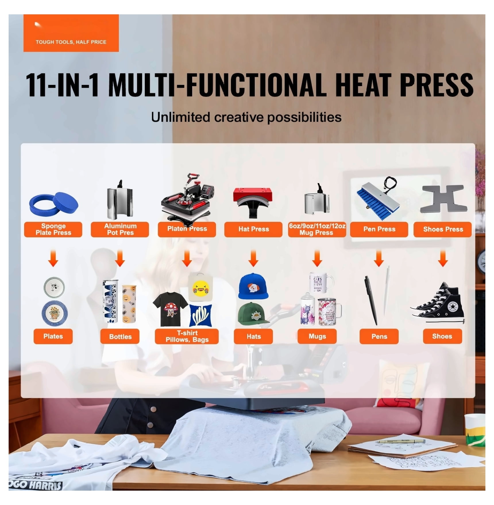 11 in 1 Heat Press Machine, 12x15 Inch, Multifunctional Clamshell Printer, Digital Swing Away Transfer Press for T-shirts, Caps, Mugs