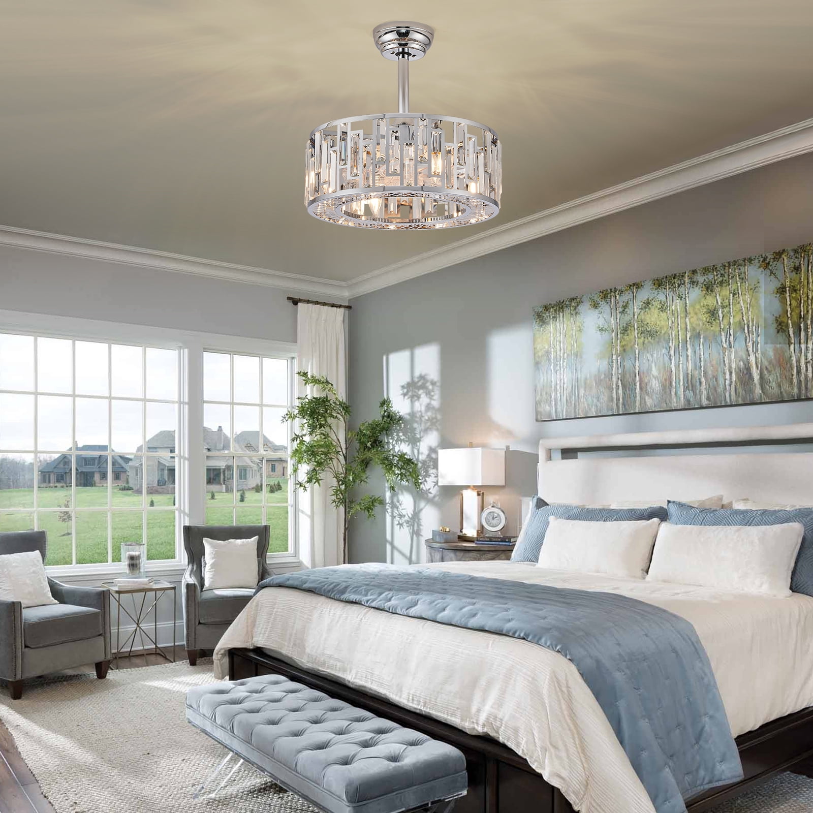 Modern Chrome Caged Ceiling Fan with Light for Bedroom Crystal Ceiling Light Fixture with Fan Bladeless Ceiling Fan Light for Kitchen Hallway Dining Room