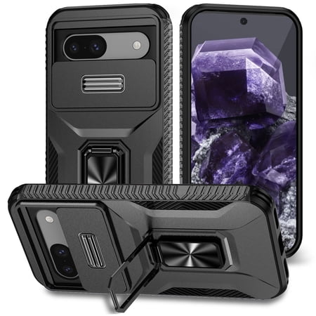 Casesuit for Suitable for Google Pixel 8A Phone Case, with Camera Sliding Window Cover and Stand Drop Protection Case, Built-in 360 ° Rotating Ring Stand Shock-Absorbing Case,Black