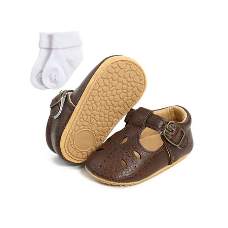 

Gomelly Baby Girls Crib Shoes First Walker Shoes Toddler Flats T-Strap Princess Shoe Hollow Out Shoes Vintage Flats Breathable Casual Shoes Dark Brown with Socks 6C
