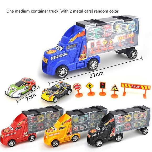 Children's toy large tractor container truck with alloy car model set holiday gift (medium container truck [with 2 metal cars] random color)