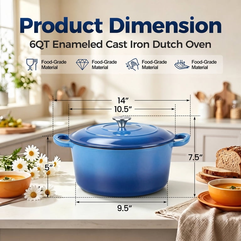 Walchoice 6-Quart Enameled Cast-Iron Dutch Oven, Blue photo 6