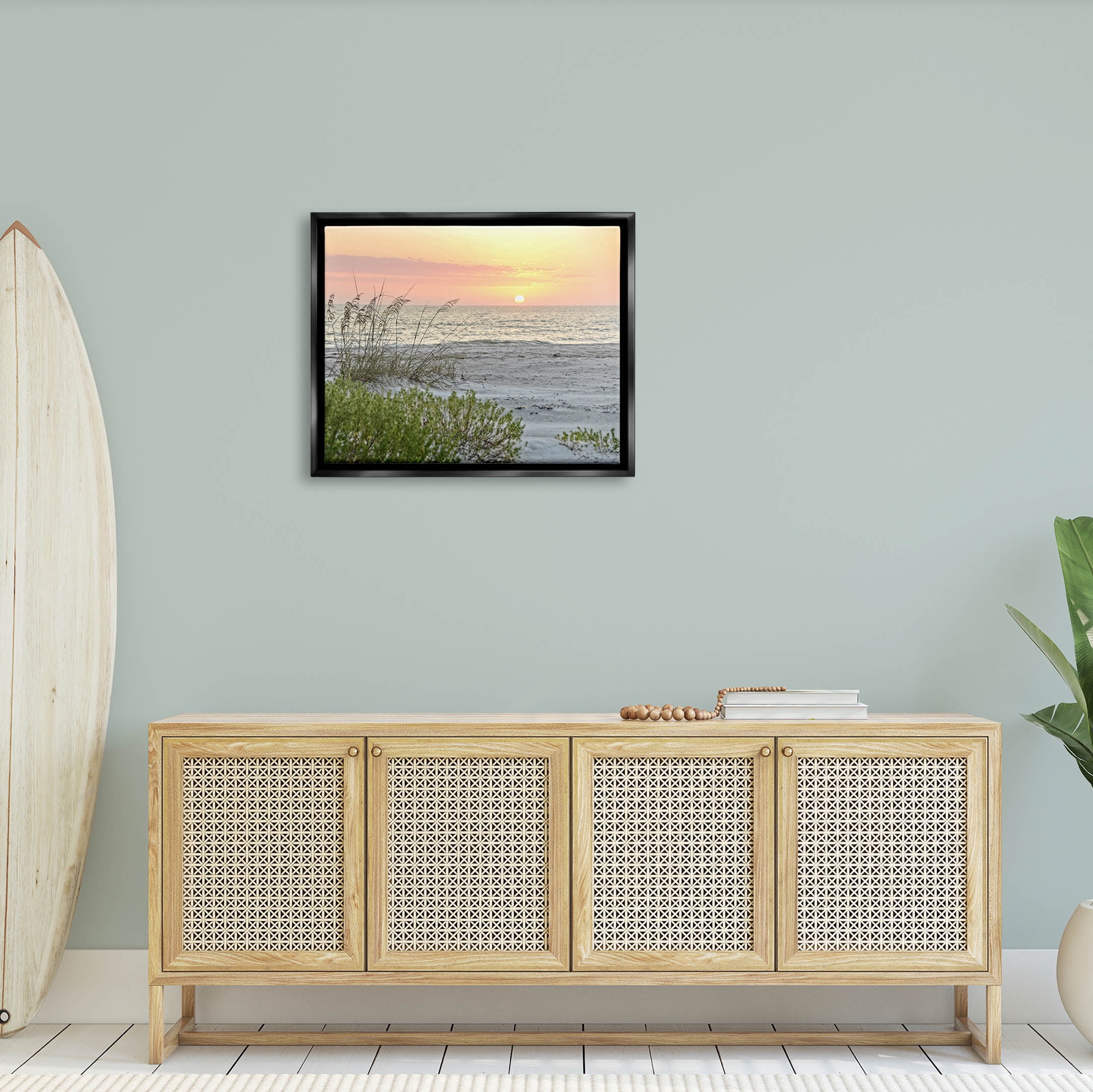 Stupell Industries Ocean Shore Reeds Sunset Horizon Photograph Jet Black Floating Framed Canvas Print Wall Art, Design by Mary Lou Photography