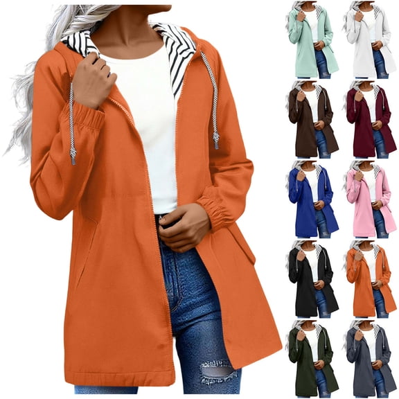 Sevevn Rain Jacket Women Waterproof Windbreaker Lightweight Rain Jackets with Pockets Striped Lined Raincoats with Hood Orange XXL