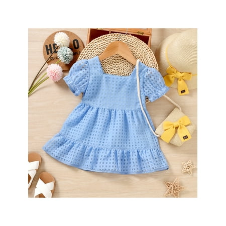 

Baby Girl Sweet Dress Short Sleeve Square Neck Solid Hollowed Summer Dress for Casual Daily Baby Girls Organza Puff Sleeve Dress