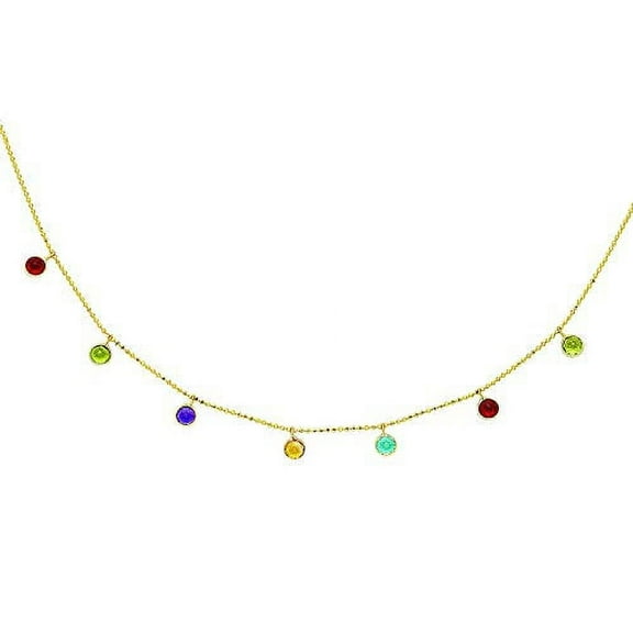JewelStop 14K Yellow Gold Multi Color Round Faceted Dangle Semi Precious Station Stones Chain Link - 16 Inches