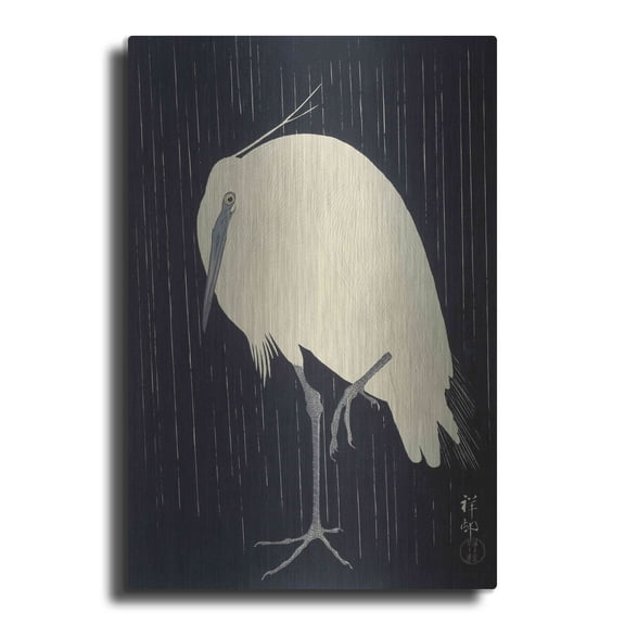 Luxe Metal Art 'Egret in the Rain 1925-1936' by Ohara Koson, Metal Wall Art, 24"x36"