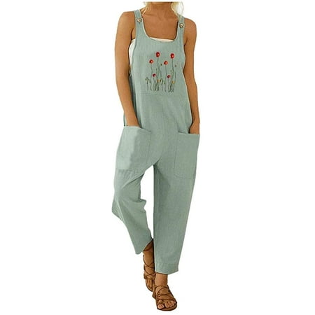 Women's Cotton Linen Overalls Flower Print Bib Overall Jumpsuit with ...