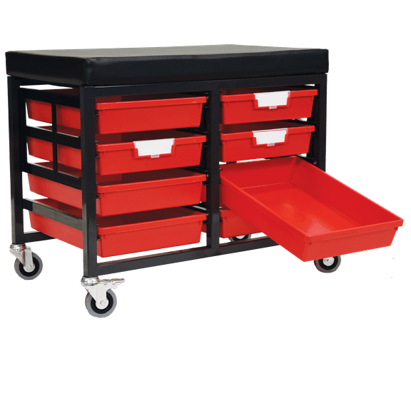 StorBenchSeat w/Cushioned Seat and 8 Storsystem Trays and Bins-Red