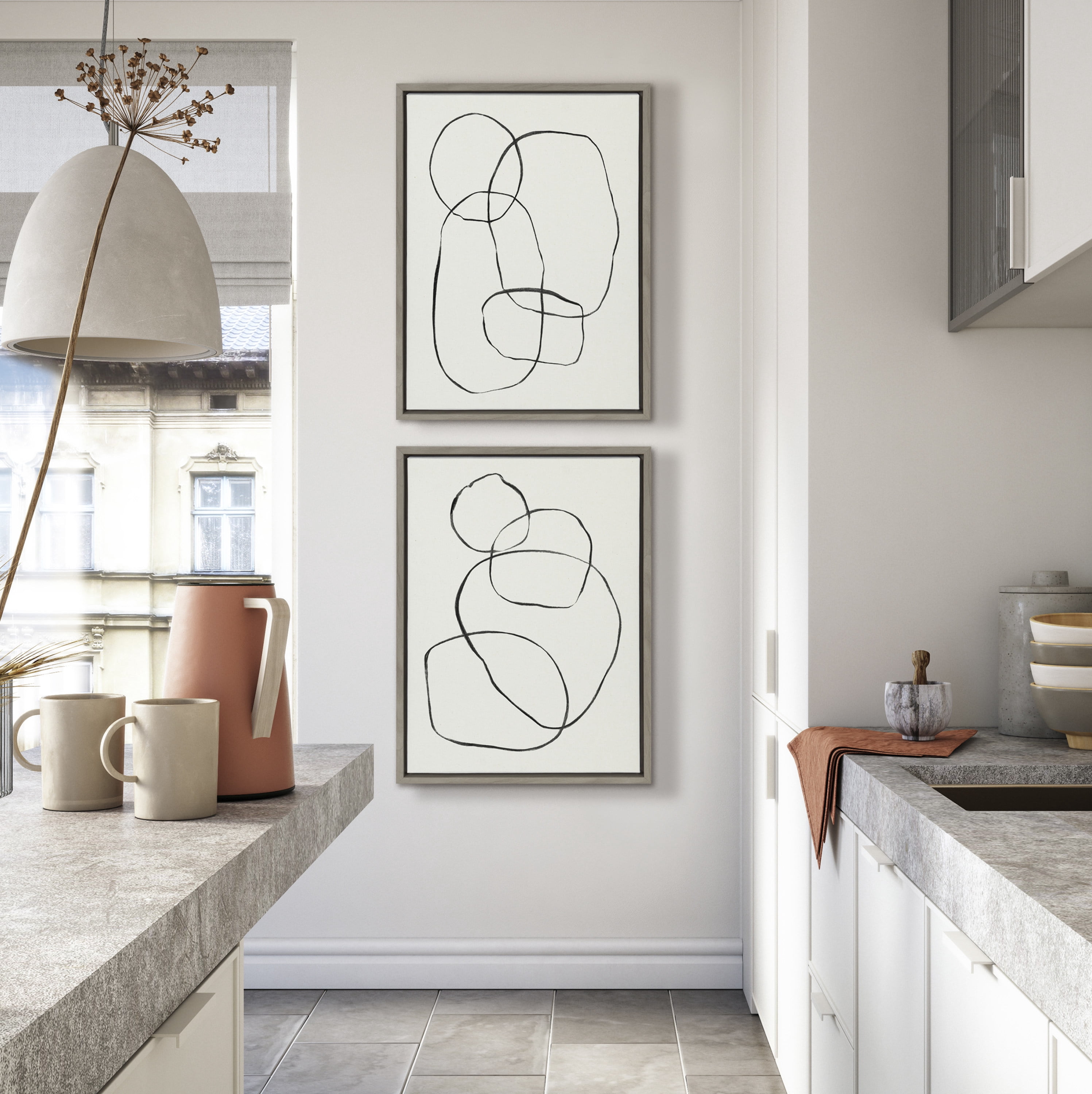 Sylvie Modern Circles and Going in Circles Linen Textured 18 in x 24 in Framed Painting Canvas Art Prints, by Kate and Laurel Set of 2