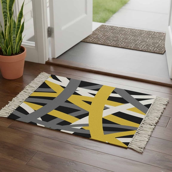 Kitchen Runner Rugs, Yellow Black Grey Line Geometric 2'x3' Throw Rug with Tassels, Modern Abstract Stripe Washable Soft Floor Carpet Runner for Hallway Bedroom Bathroom Laundry Room