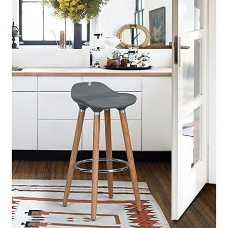 32 Inch Stool Set of TWO - 32 Inch Bar Stool Dining Chair Natural Wood Legs and ABS Grey Seat, Mid-Century Style ()