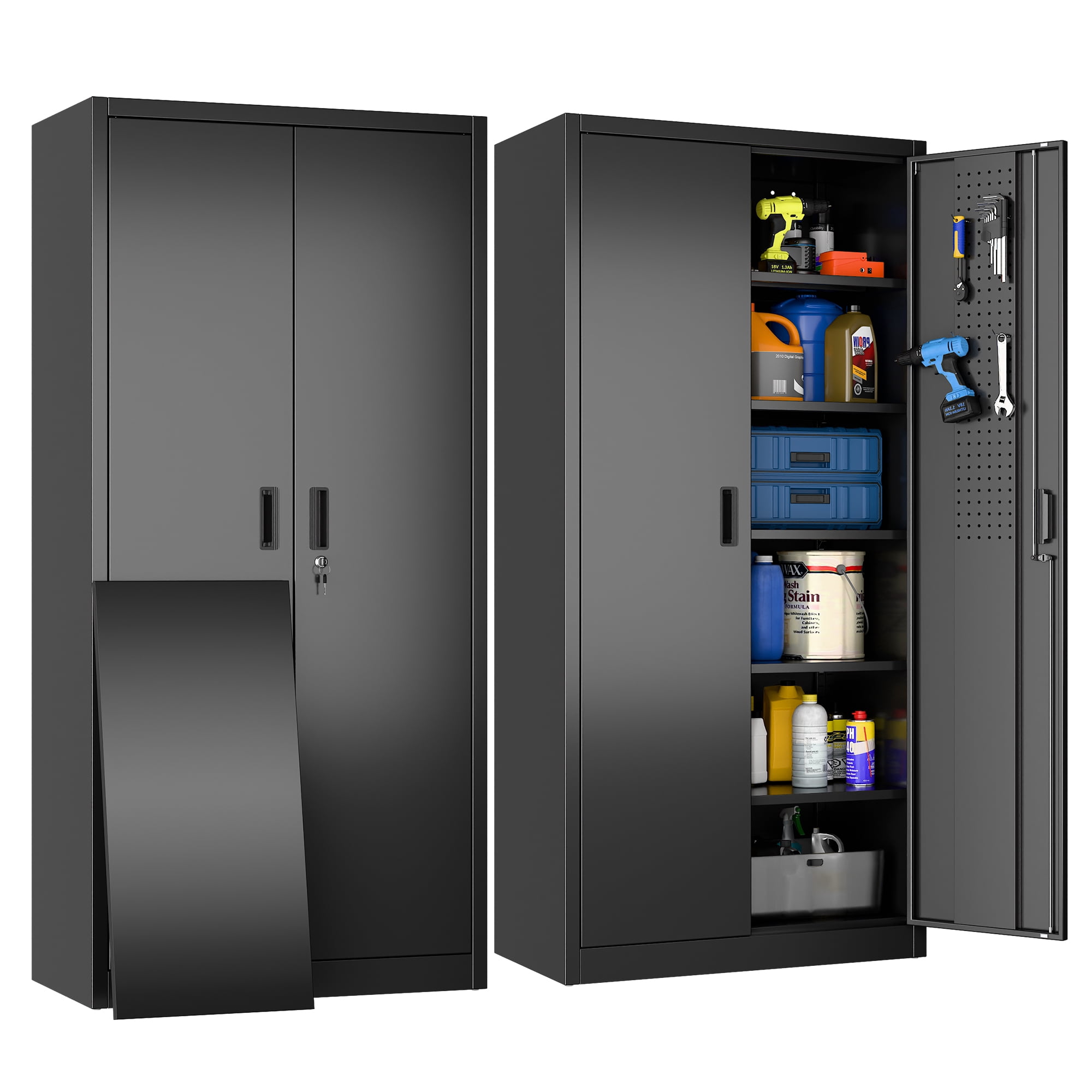 GANGMEI 72 Inches Tall Metal Garage Storage Cabinets with 5 Adjustable Shelves, Lockable Steel Black Storage Cabinet with Doors for Office, Home, School, Shops, Garage, Assembly required
