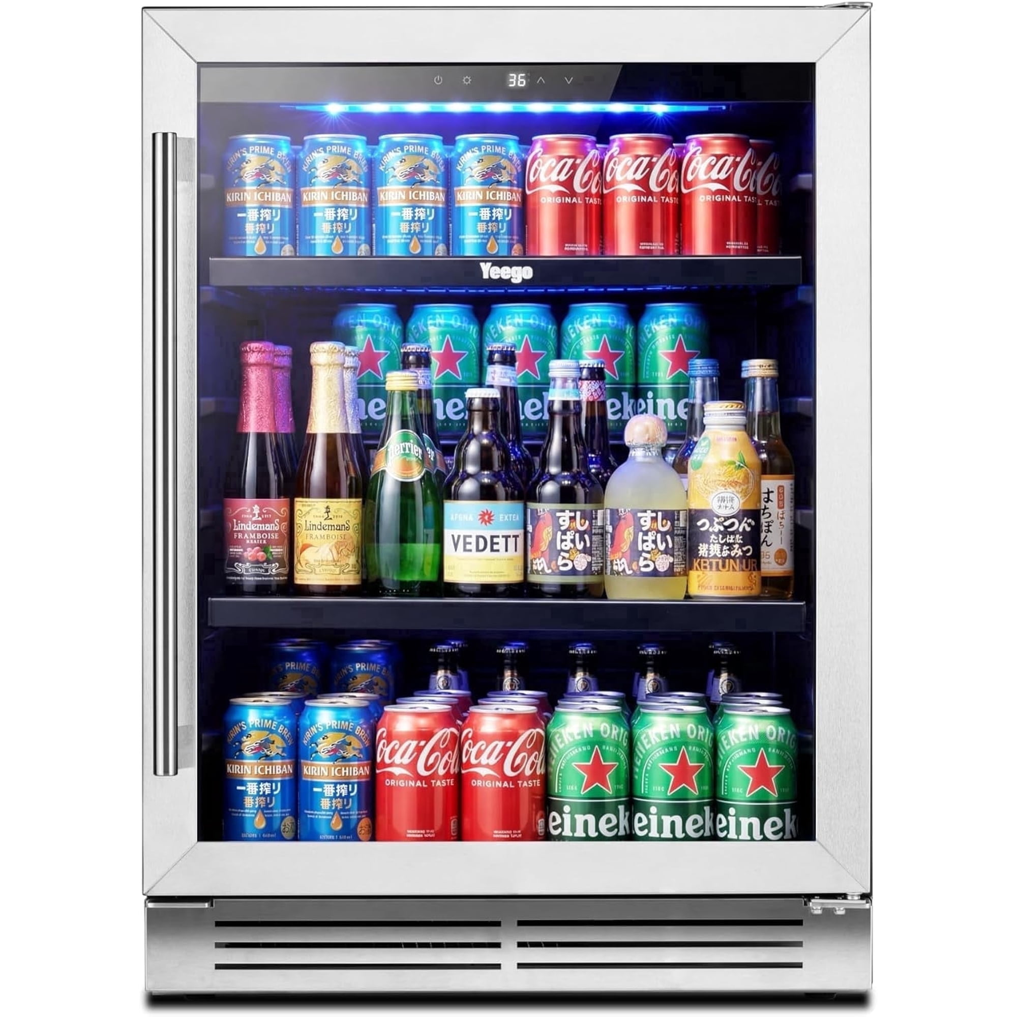 Yeego 24 Inch Beverage Cooler Refrigerator, Right‑Hinged Door, Holds 180 Cans, Glass Door, 34‑54℉, Under‑Counter Built‑in or Freestanding Drink Fridge for Bar, Office, Bedroom