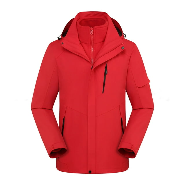 Coupe-vent Homme Unisexe à Capuche Manches Longues Solide Hiver Extérieur Coque Rigide Deux Pièces Trois-en-un Détachable Manteau de Randonnée Fermeture Éclair avant Veste Coupe-Vent Rouge 3TG