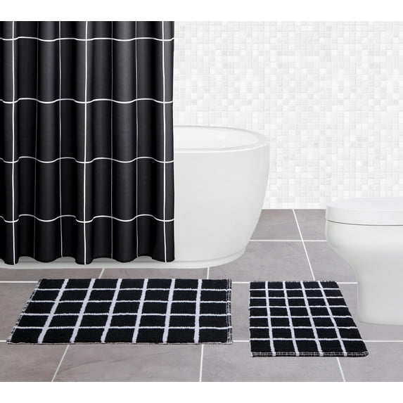 Sparrowhawk Brandon 100% Cotton, Reversible 2-piece Black/White Bath Rug Set 17" x 24" & 20" x 30"