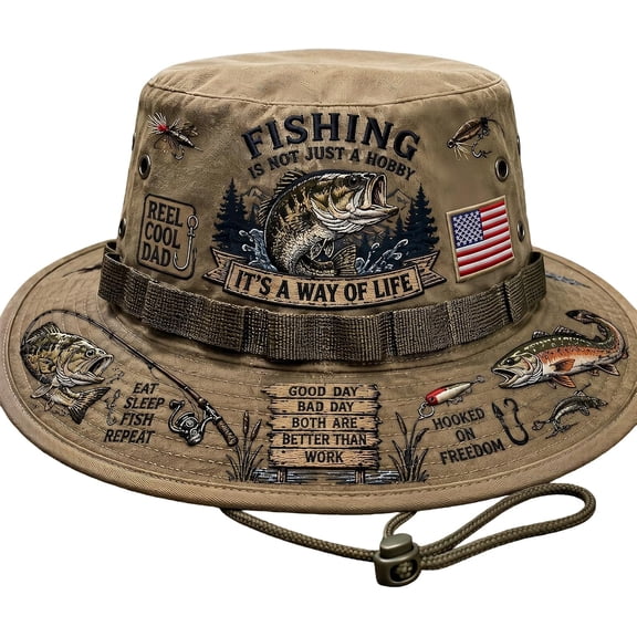 Fishing is a Way of Life Boonie Hat, Patriotic Bass Bucket Cap, Wide Brim Bucket Hat, Outdoor Sun Hat for Fishing, Hiking, Camping, Beach