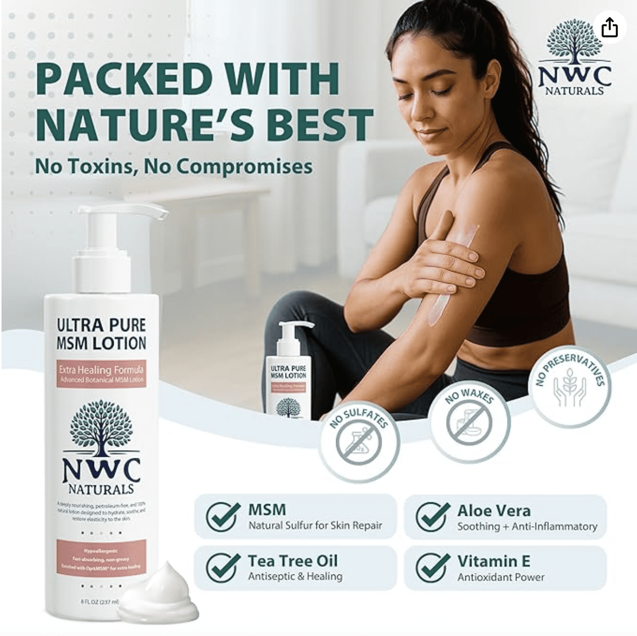 NWC Naturals UltraPure MSM Lotion All Natural Hypoallergenic ExtraHealing Nourishing Body Lotion 8 ounce