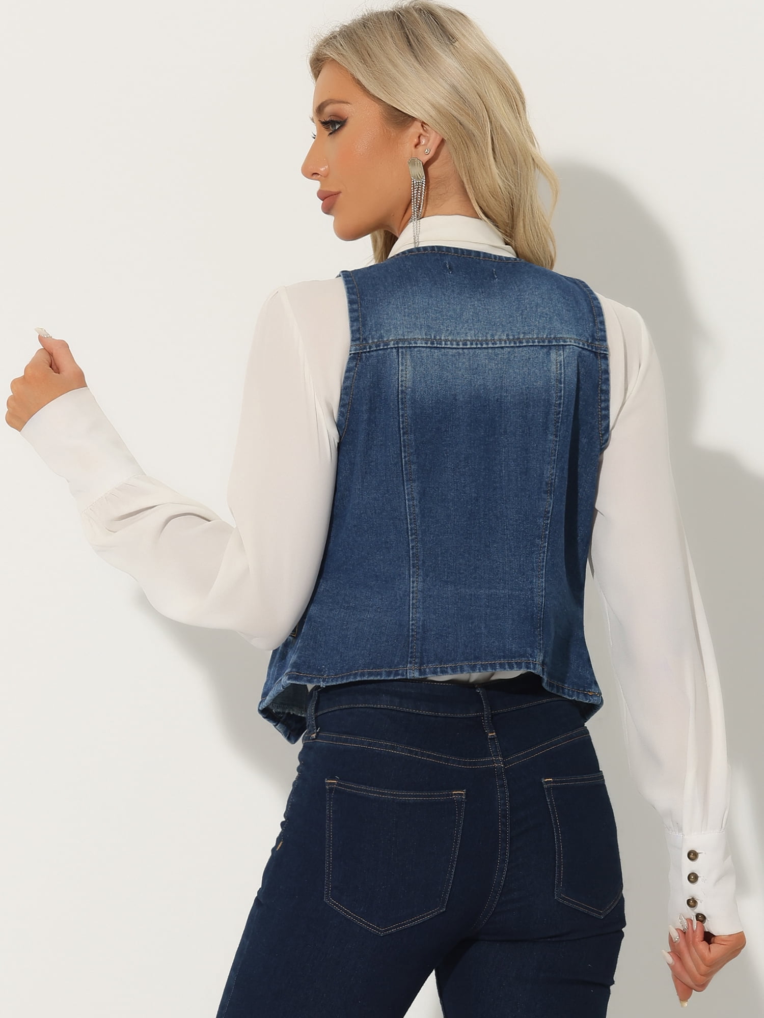 DARING DIVA Women's Denim Vest Washed Distressed Jean Jacket XL Dark Blue