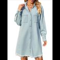 thumbnail image 2 of Vestido Informal Holgado de Mezclilla Lavada Vintage para Mujer, de Larga y Borde Sin Rematar. Azul S, 2 of 10