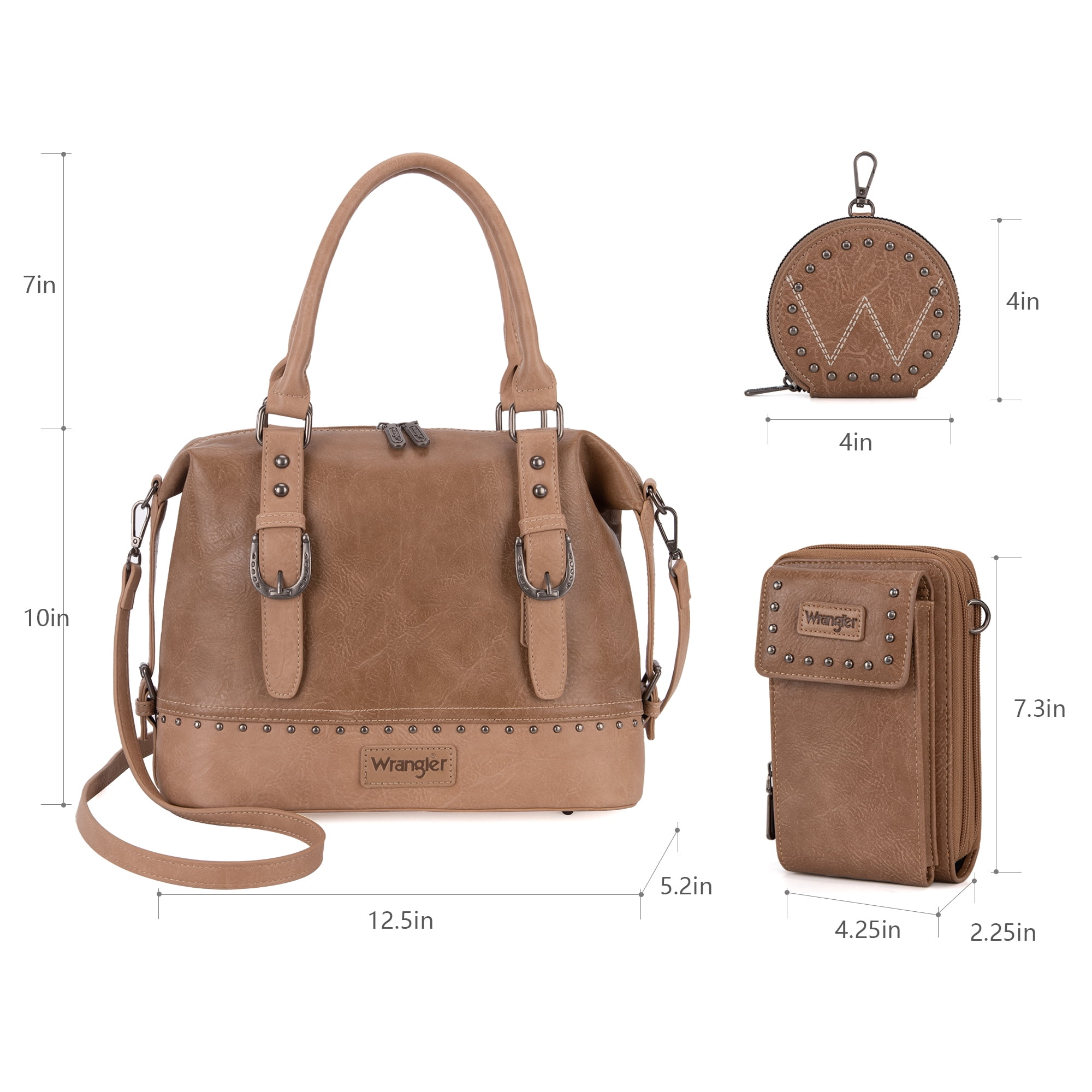Wrangler 3Pcs Doctor Bag Sets for Women Top-Handle Satchel Bag with Cell Phone Handbags & Coin Purse, Khaki