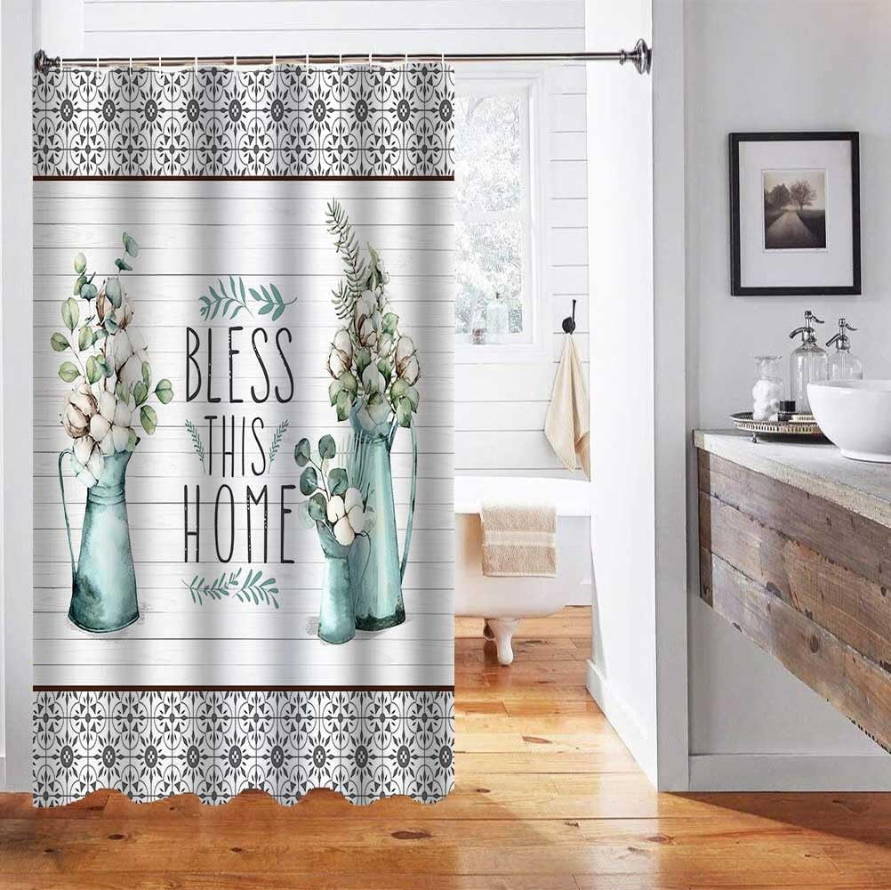 Cotton Flower Shower Curtain, Farmhouse Shower Curtain, Country Flower Eucalyptus Teal Shabby Chic Vase Wooden Barn Rustic Bathroom Decor, Waterproof Fabric White Shower Curtain, 72 X 72 Inch