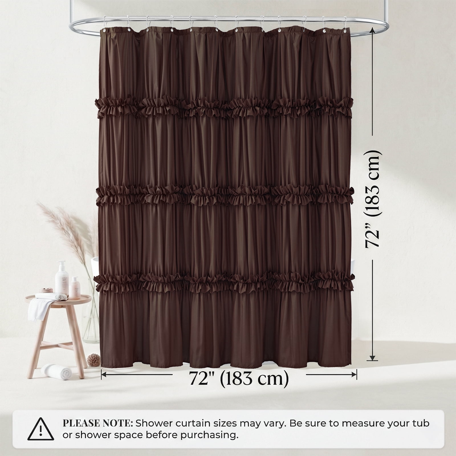 Seasonwood Ruffle Shower Curtain,Brown Tiered Fabric Bathroom Curtain for Farmhouse Decor,72 x 72 Inch