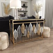 DecMode 44 x 30 Gold Metal Rectangular Leaf Console Table with Mirrored Glass Top and Silver Accents, 1-Piece