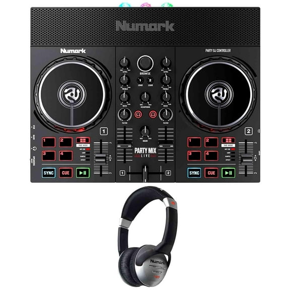 Numark Party Mix Live Built-In Light Show and Speakers DJ Controller with HF125 Professional Over-Ear DJ Headphones Package
