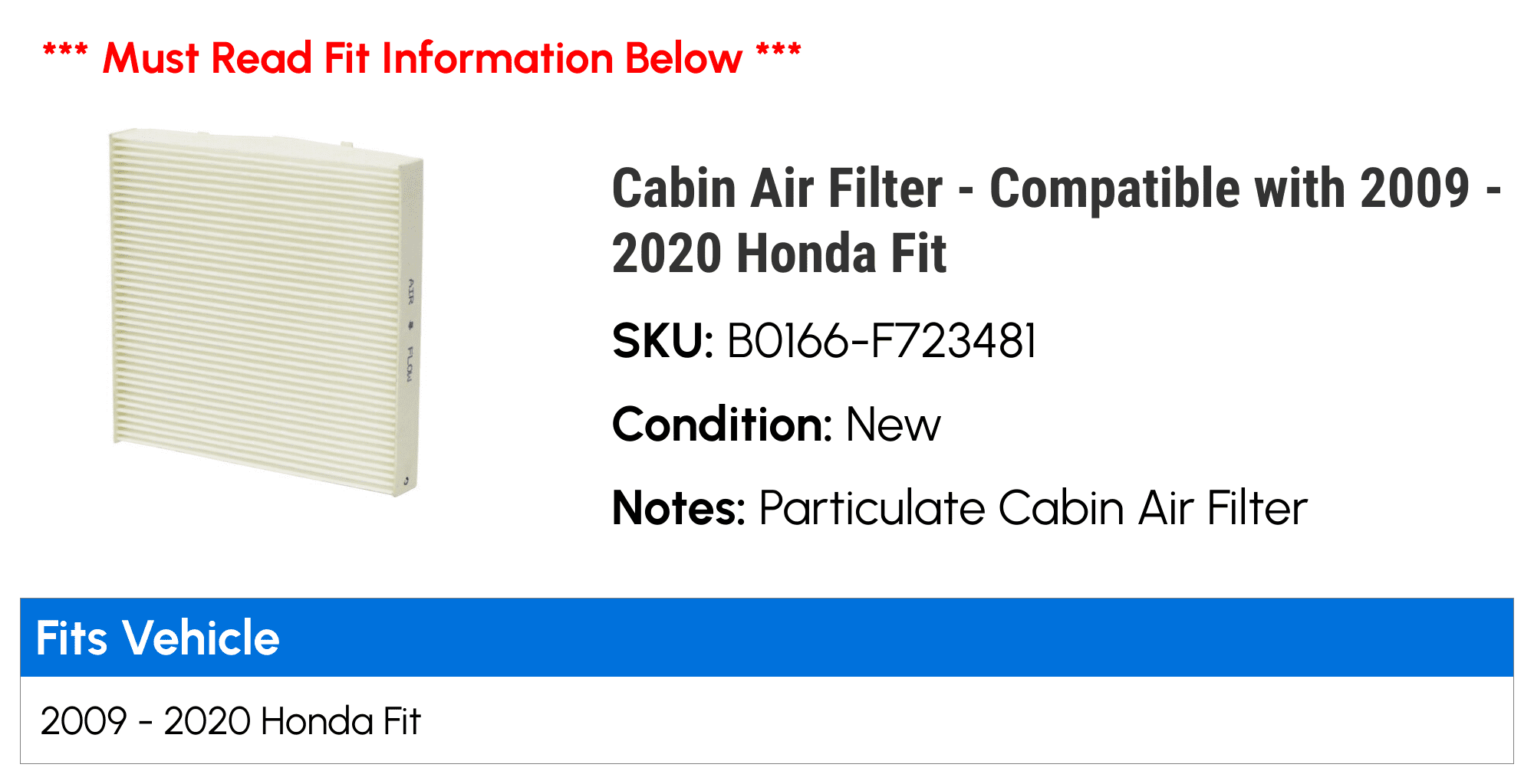 Cabin Air Filter - Compatible with 2009 - 2020 Honda Fit 2010 2011 2012 2013 2014 2015 2016 2017 2018 2019