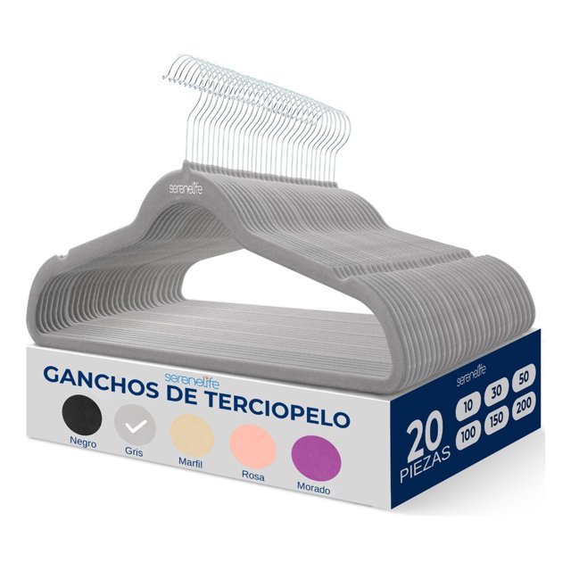Ganchos de Terciopelo Premium Serenelife, Ahorradores de Espacio, Resistentes, con Gancho Metálico Giratorio de 360°, para Trajes, Pantalones y Vestidos, Gris, Pack 20