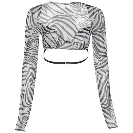 

YUUZONE Women Se-- Long Sleeve Mesh Crop Top Bra Square Neck Zebra-Striped Print See Through T-Shirt Buckle Front Casual Slim Fit Stretch Clubwear