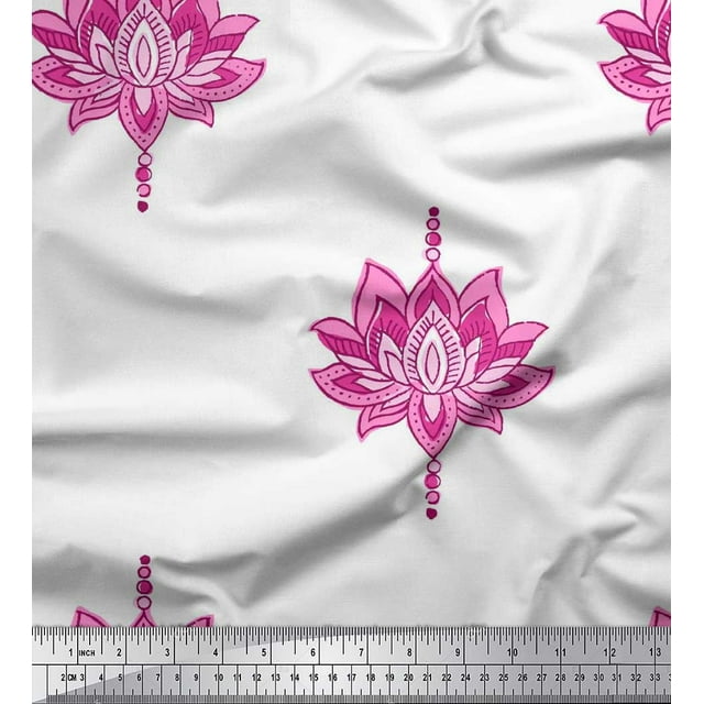 Soimoi Rayon Crepe Fabric Dot & Lotus Block Print Fabric by Yard 46 Inch Wide