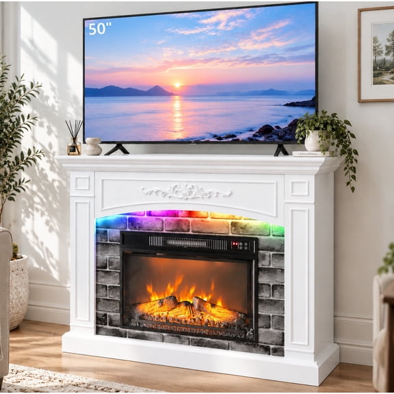 Ktaxon 43" Modern Electric Fireplace TV Stand for 32/40/43/50" TVs, Freestanding Fireplace Console with 18" Heating Mantel, for Living Room, Bedroom, Small Apartment, White
