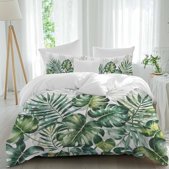 Summer Tropical Plant Queen Size Comforter Set, Palm Leaf Watercolor Bedding for All Seasons, 4 Pcs Bed Set, 1Quiltcover (90"x92") ,1Sheet(94"x116"), 2Pillowcases (30"x20")