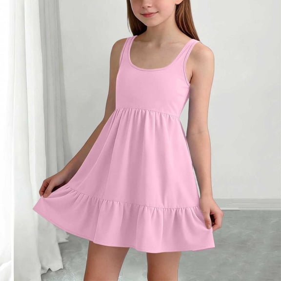 Tdoqot Girls Casual Sundress- Soft Crewneck Casual Flowy Kids Summer Midi Dresses Pink Size 5-14