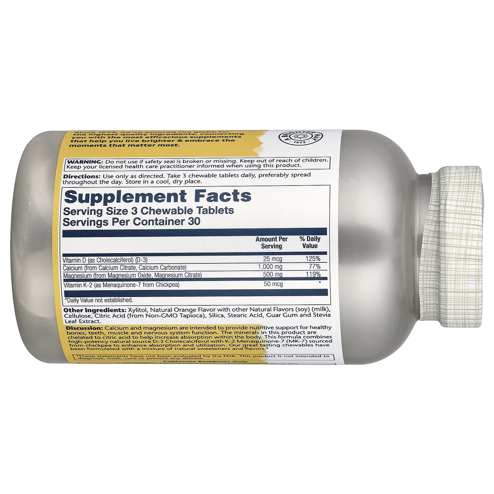 Solaray Cal-Mag Citrate with Vitamin D3 & K2, Natural Orange, 90 Chewables