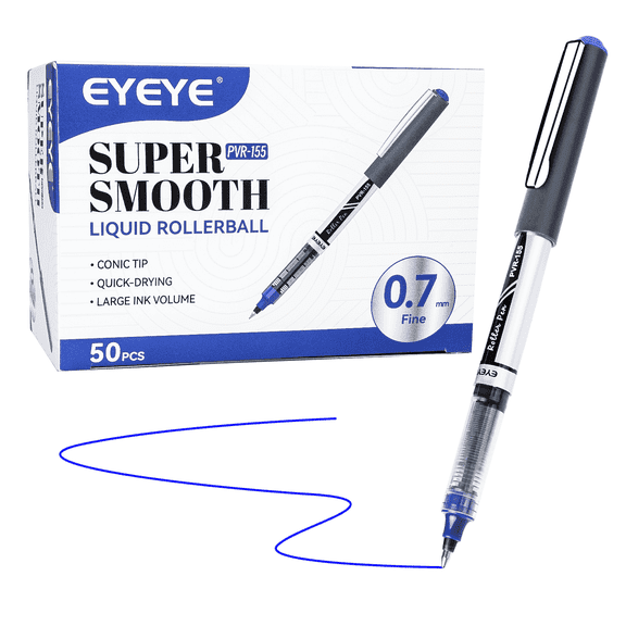EYEYE 50-Pack Blue Ink Rollerball Pens, 0.7mm Medium Point - Quick-Dry & Smooth Writing for Office,Note-Taking, Journaling, and Planning.