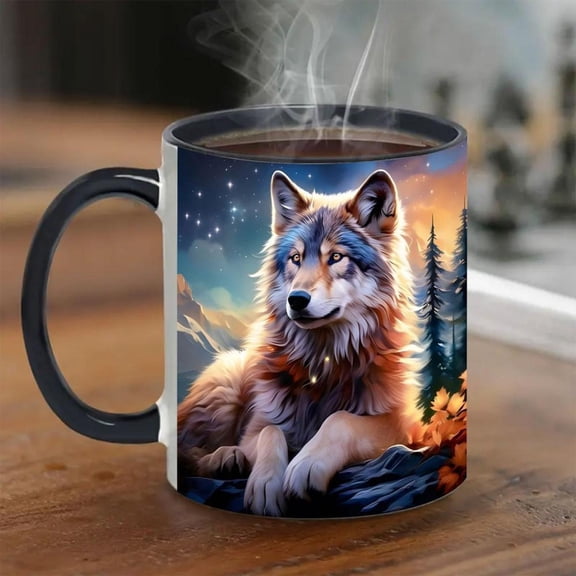 Ceramic Wolf Mug 11oz Ceramic Wolf Design Coffee Mug 1pc Double Sided Printed Cup Coffee Tea Milk Decorative Beverage Mug Ideal Birthday Office Party