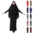 thumbnail image 2 of HAOTAGS Women‘s Ramadan Ice Silk Pleated Solid Color Hooded Modest Long Sleeve Top Maxi Skirt Set Abaya Dress,Khaki L, 2 of 5